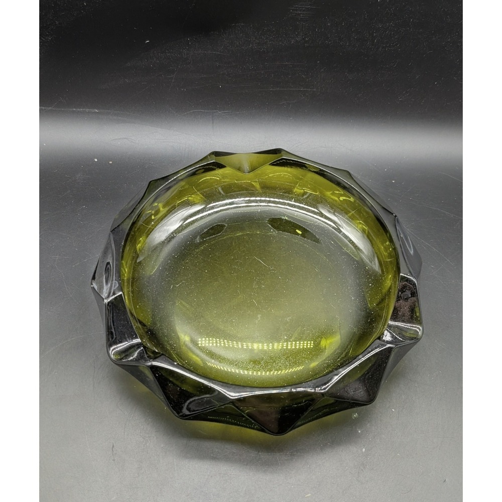 Vintage Viking Olive Green Glass Ashtray Mid Century Modern Geometric Faceted 9"